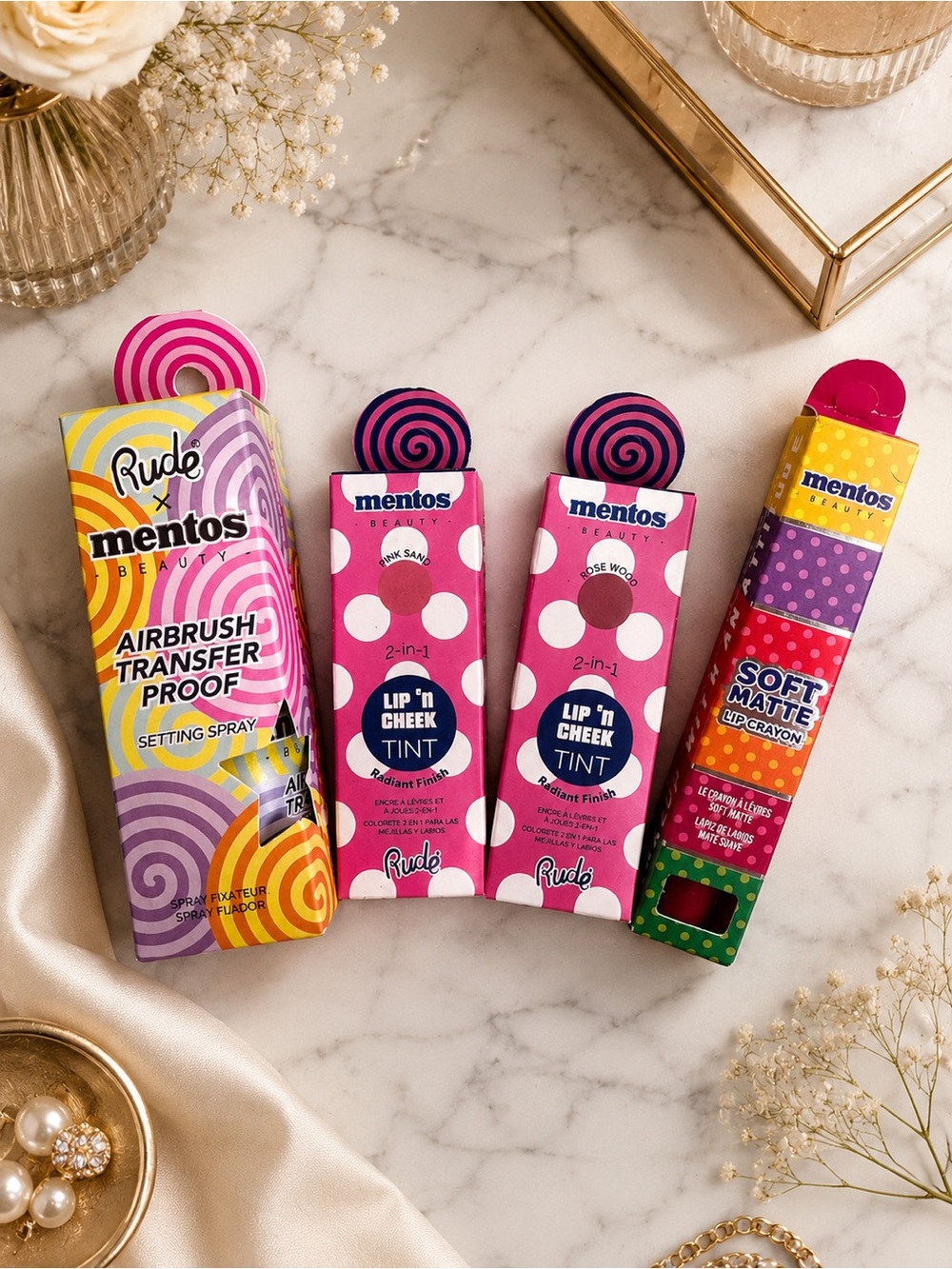 RUDE x Mentos Pink Polka 2-in-1 Lip & Cheek Tints with Airbrush Setting Spray